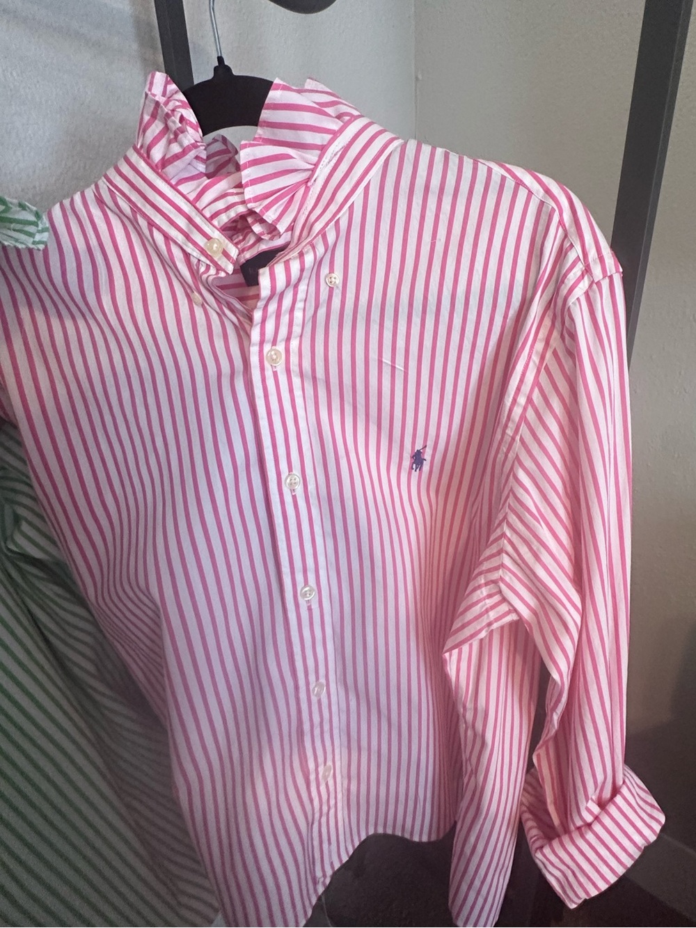 Upcycled Ralph Lauren Pink & White Stripe Dress Shirt Ruffled Collar
